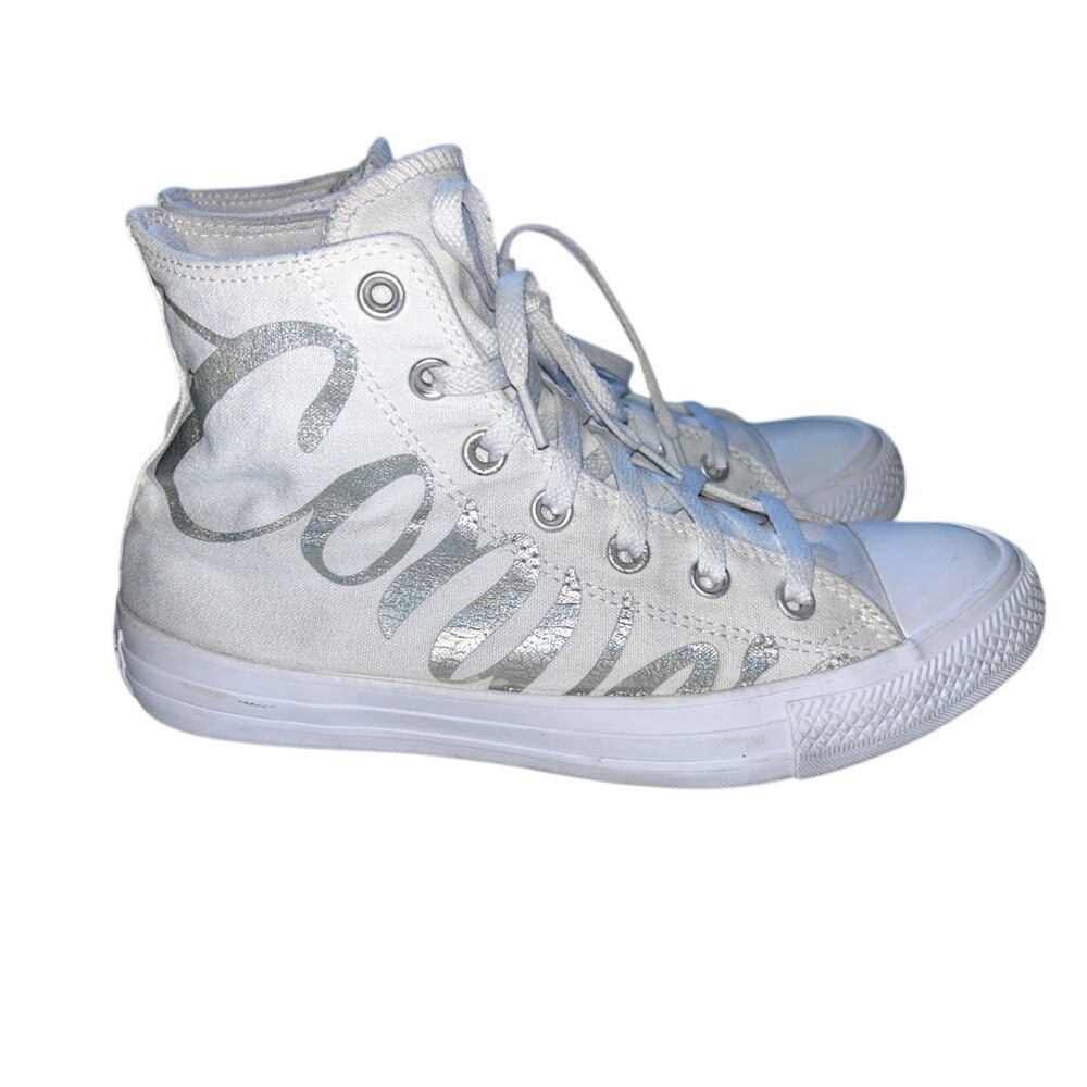 Converse Women White ChuckTaylor All star High Top SneakerSilver Canvas Sz‎ 8